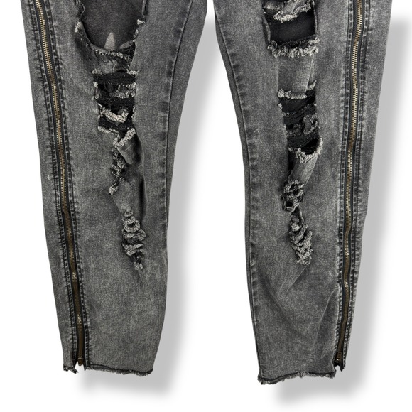 American Bazi Distressed Jeans Womens Size Large Black Denim Edgy Unique Zippers - Picture 4 of 13